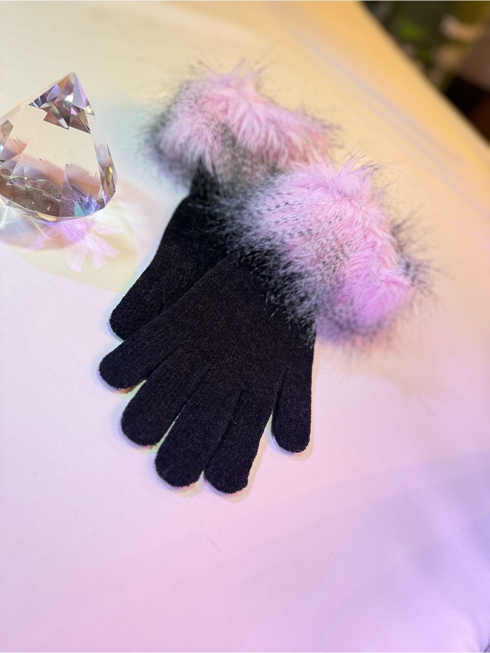 Black Gloves with Pink Faux Fur Cuff - Women's Fashion Gloves